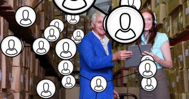 Depodaki Kafkas iş adamlarının ikonlarıyla olan bağlantılarının görüntüsü. Küresel iş, dağıtım ve dijital arayüz kavramı dijital olarak oluşturulmuş görüntü.