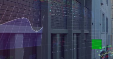 Bina üzerinde finansal veri işleme resmi. Küresel yaşam tarzı, finans ve dijital arayüz kavramı dijital olarak oluşturulmuş görüntü.