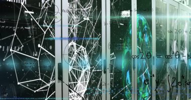 Bilgisayar sunucuları üzerinden bilgisayar veri işleme resmi. Küresel hesaplama ve veri işleme kavramı dijital olarak oluşturulmuş resim.