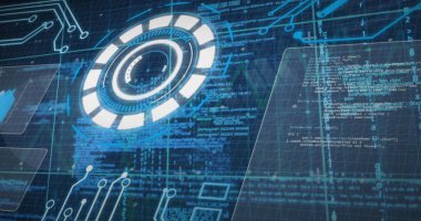 Yuvarlak tarayıcı, veri işleme ve mikroişlemci bağlantıları ile arayüz resmi. Bilgisayar arayüzü ve iş teknolojisi kavramı