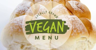Taze ekmeğin kapatılmasına karşı yerel olarak yetişmiş vegan menü mesaj pankartı görüntüsü. Vegan, organik ve sağlıklı gıda konsepti