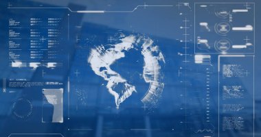 Yüksek binanın düşük açılı görüntüsüyle veri işleme arayüzünün görüntüsü. Bilgisayar arayüzü ve iş teknolojisi kavramı