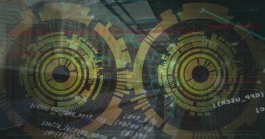 Veri işleme ve şehir manzarası üzerindeki bağlantı ağı ile tarama kapsamı resmi. Küresel teknoloji, çevrimiçi güvenlik ve dijital arayüz kavramı dijital olarak oluşturulmuş görüntü.