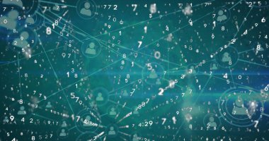 Profil simgelerinin ağ resmi, ikili kodlama ve mavi arkaplan karşısında ışık noktası. Küresel ağ ve iş arayüzü teknolojisi kavramı