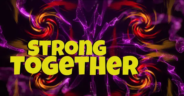 Image of strong together over spiral flames and purple shapes on black background. Communication, shapes, colour and movement concept digitally generated image.