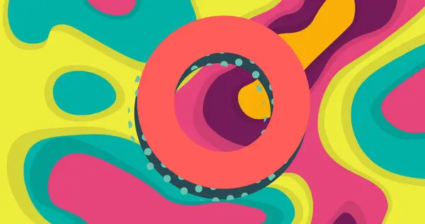 Image of circles over neon retro pattern. Communication, colour, shape and movement concept digitally generated image.