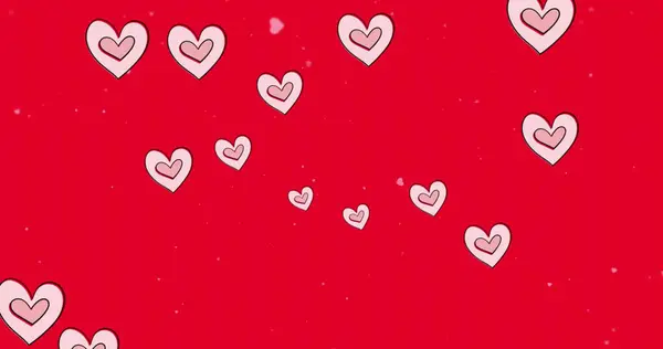 Bilde Rosa Hjerteikoner Som Flyter Mot Kopieringsplass Rød Bakgrunn Valentinsdag stockbilde