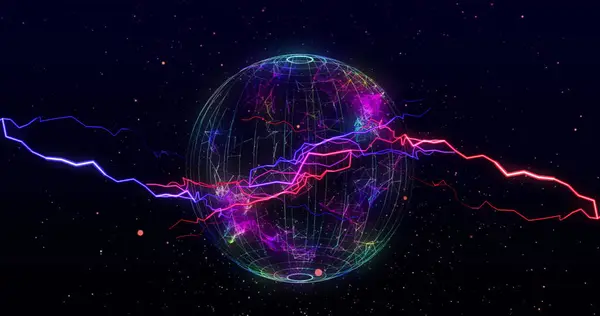 Vivid Lightning Bolts Striking Glowing Digital Sphere Starry Sky Neon Stock Image