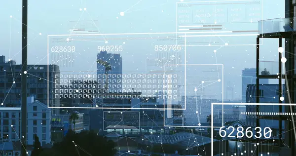 Bild Der Datenverarbeitung Über Dem Stadtbild Globales Geschäfts Finanz Rechen lizenzfreie Stockbilder