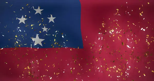 Image Falling Confetti Waving Flag Samoa Background Digitally Generated Hologram stockfoto