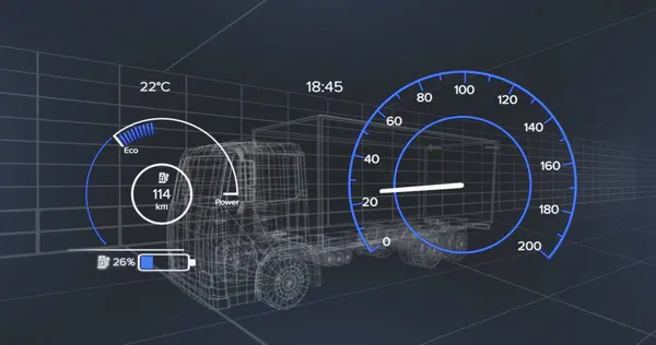 Зображення Моделі Автомобіля Спідометра Темному Тлі Глобальні Єднання Концепція Обробки Стокова Картинка