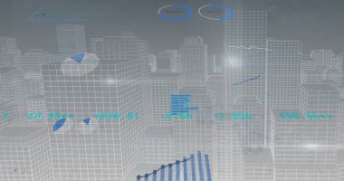 Şehir manzarası üzerinde finansal veri işleme resmi. Küresel finans, iş, bağlantılar, hesaplama ve veri işleme kavramı dijital olarak oluşturuldu.