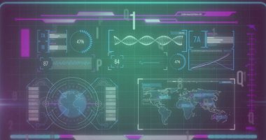 Soyut arkaplana karşı aydınlatılmış hud arayüzü üzerinden harfleri ve numaraları değiştirme görüntüsü. Dijital olarak üretilmiş, hologram, illüstrasyon, büyüme, küreselleşme, rapor, molekül, teknoloji.