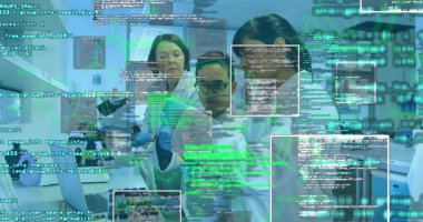 Kafkas kadın bilim adamı ve çeşitli bilim adamları ekranlardaki verileri gözden geçiriyorlar. Laboratuvar önlüğü giyiyorlar ve bulgularını yüksek teknoloji laboratuarında tartışıyorlar.