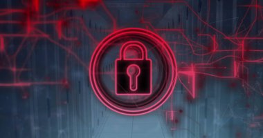 Bilgisayar sunucularında asma kilit simgesi ve veri işleme resmi. Küresel hesaplama, dijital arayüz ve veri işleme kavramı dijital olarak oluşturuldu.