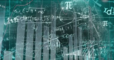 Yeşil arkaplana karşı istatistiksel veri işleme ve matematiksel denklemlerin resmi. İş veri teknolojisi kavramı
