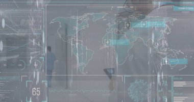 Hastanelerde dolaşan farklı doktorların dünya haritasıyla veri işleme görüntüsü. Küresel tıp, sağlık, teknoloji ve dijital arayüz kavramı dijital olarak oluşturulmuş görüntü.