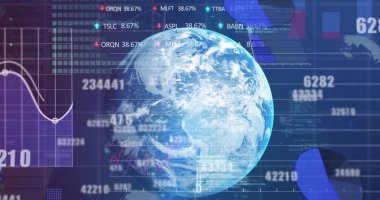 Dünya çapında finansal veri işleme görüntüsü. Küresel iş, finans, hesaplama ve veri işleme kavramı dijital olarak oluşturulmuş görüntü.