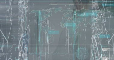 Hastanelerde dolaşan farklı doktorların dünya haritasıyla veri işleme görüntüsü. Küresel tıp, sağlık, teknoloji ve dijital arayüz kavramı dijital olarak oluşturulmuş görüntü.