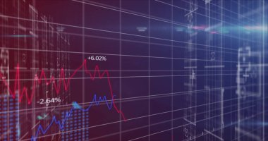 Dijital ekranda borsa değişikliklerini gösteren kırmızı ve mavi çizgiler. Finansal eğilimleri vurgulayan parlak ışıklar ve grafikler, mavi arkaplan