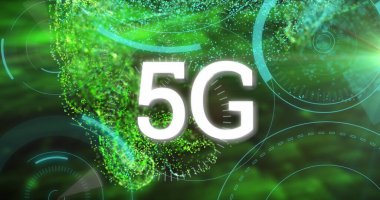 Yeşil dijital dalga ve ışık noktalarının üzerinde 5G metin pankartı ve çoklu yuvarlak tarayıcı görüntüsü. Küresel ağ ve iş teknolojisi kavramı