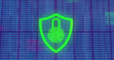 Veri işleme üzerine asma kilit simgesi resmi. Küresel iş ve dijital arayüz kavramı dijital olarak oluşturulmuş görüntü.