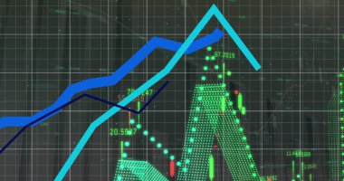 Grafikteki iki çizgi yukarı doğru eğilimi gösteriyor, zirveye ulaşıyor ve azalıyor. Çeşitli sayı ve veri noktalarını yeşil olarak gösteren ekran