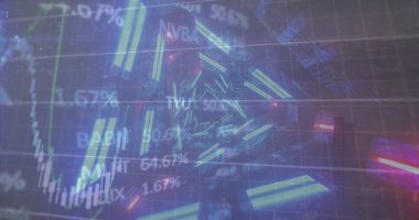 Şehir manzarası üzerinde finansal veri işleme resmi. Küresel iş, finans, hesaplama ve veri işleme kavramı dijital olarak oluşturulmuş görüntü.