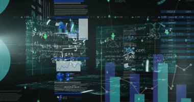 Karmaşık veri analizi ve finansal tabloları gösteren birden fazla ekran görülebilir. Parlak renkler her ekranda farklı bilgi türlerini vurgular