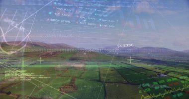 Yeşil tepeler dijital borsa örtüleriyle birleşiyor. Açık gökyüzünü kaplayan finansal grafikler ve yüzdeler benzersiz bir görsel karışım yaratıyor