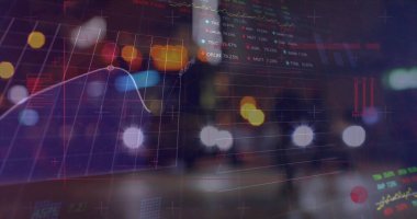 Borsa görüntüsü ve şehir sokaklarına karşı istatistiki veri işleme. Küresel ekonomi ve iş veri teknolojisi kavramı