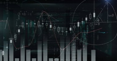Dijital ekranı kaplayan karmaşık matematiksel formüller ve grafikler. Çizgiler ve semboller geleceksel bir analiz ortamı yaratıyor, görsel etkiyi arttırıyor