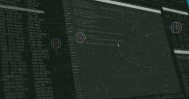Ekranlarda dijital veri işleme resmi. Küresel iş, finans, hesaplama ve veri işleme kavramı dijital olarak oluşturulmuş görüntü.