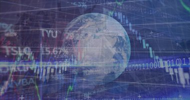 Dijital veriye sahip dünya, borsa eğilimlerini küresel olarak gösteriyor. Renkler harmanlanıyor, canlı, teknolojik odaklı görsel etki yaratıyor