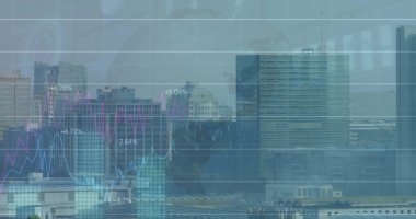Şehir manzarası üzerinde veri işleme ve diyagramının resmi. Küresel iş ve dijital arayüz kavramı, dijital olarak oluşturulmuş görüntü.