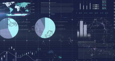 Mavi zemin üzerinde istatistiksel veri işleme ve dijital dalga görüntüsü. Bilgisayar arayüzü ve iş veri teknolojisi kavramı