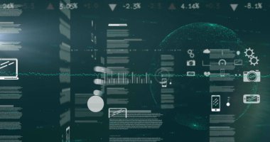 Dünya üzerinde hareket eden bilgisayar simgeleri ve programlama dili görüntüsü. Dijital olarak üretilmiş, veri işleme, küreselleşme, uygulama, iş, rapor, finans ve teknoloji kavramı.