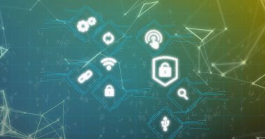 Birden fazla dijital simge ve yeşil gradyan arkaplana karşı bağlantı ağının resmi. Küresel ağ ve iş teknolojisi kavramı