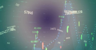 Soyut arkaplana karşı çok renkli grafikler üzerinden rakamları değiştirme görüntüsü. Dijital olarak üretilmiş, hologram, illüstrasyon, rapor, iş ve büyüme kavramı.