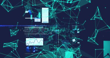 Mavi arkaplan ile veri işleme ekranları üzerinde plexus ağlarının resmi. Küresel ağ ve iş teknolojisi kavramı