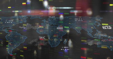 Dünya haritasının üzerindeki renkli şekillerin resmi. Küresel iş ve dijital arayüz kavramı dijital olarak oluşturulmuş görüntü.