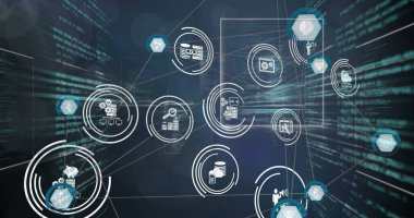 Dijital simgelerden oluşan bir ağ mavi arkaplandaki ışık noktalarının arka planına karşı. Küresel bağlantılar ağ veri işleme ve teknoloji konsepti dijital olarak oluşturuldu.