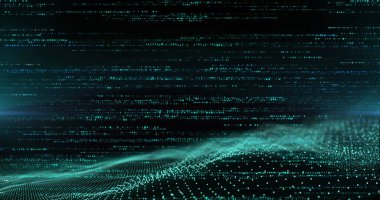 Mavi parçacıkların yatay çizgileri ve siyah arkaplanda dalgalanan üç boyutlu manzara. İletişim teknolojisi, soyut dijital arayüz arkaplan kavramı dijital olarak oluşturulmuş görüntü.