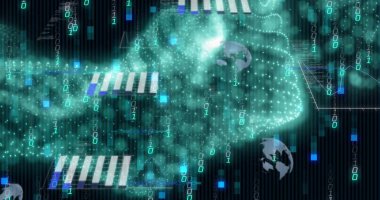 Küre ve grafikler üzerinde hareket eden ikili kodların görüntüsü. Dijital olarak üretilmiş, çoklu pozlama, kodlama, veri işleme, iş, rapor, küreselleşme, teknoloji.