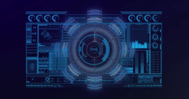 Mavi arka planda dijital arayüz üzerinden borsa veri işleme görüntüsü. Küresel ekonomi ve bilgisayar arayüzü teknolojisi kavramı