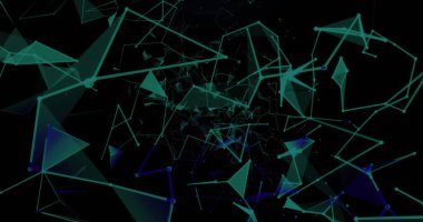 Mavi ve yeşil çizgiler karmaşık desenler oluşturuyor. Karanlık arka planda süzülürken, derinlik duygusu yaratırlar.