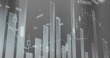 Sayıları değiştiren resim ve gri arkaplan üzerinde birden fazla grafik. Dijital olarak üretilen hologram, illüstrasyon, rapor, büyüme, rakamlar, soyut ve iş konsepti.