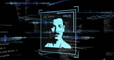 Veri işleme resmi ve siyah arkaplandaki insanlar simgeleri. Küresel iş ve dijital arayüz kavramı dijital olarak oluşturulmuş görüntü.