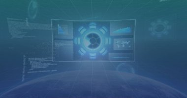 Hareket eden ekranda veri işleme görüntüsü. Küresel bağlantılar veri işleme ve teknoloji konsepti dijital olarak oluşturuldu.