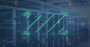 Sunucu odasında veri işleme resmi. Küresel iş ve dijital arayüz kavramı, dijital olarak oluşturulmuş görüntü.